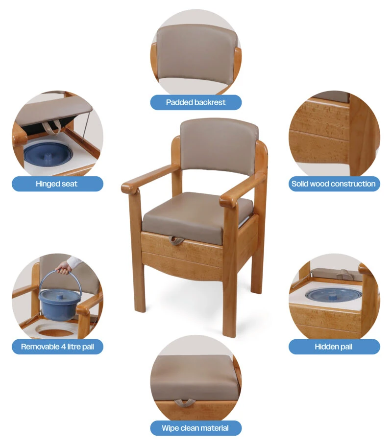 Wooden Commode Chair | Luxury Toilet Chair With Padded Seat & Backrest | Heavy Duty | Bariatric | Sturdy Design - Image 8