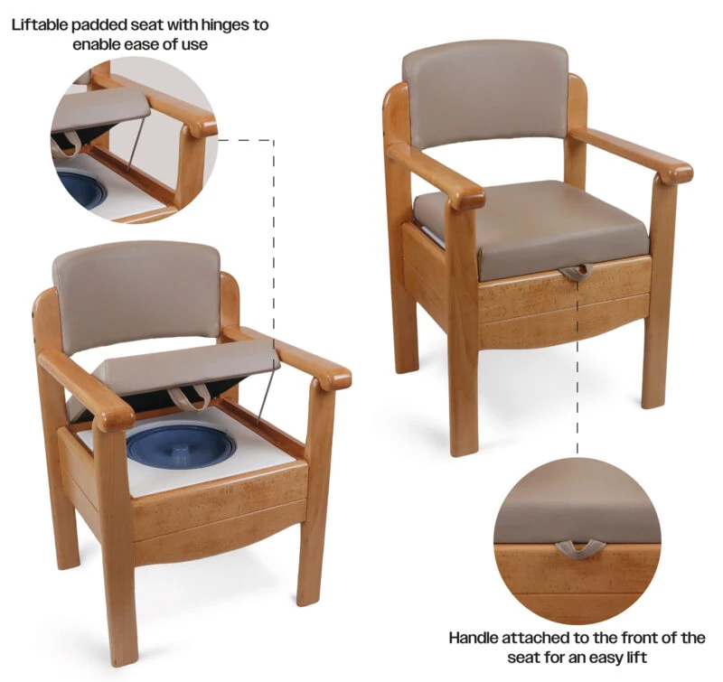 Wooden Commode Chair | Luxury Toilet Chair With Padded Seat & Backrest | Heavy Duty | Bariatric | Sturdy Design - Image 9