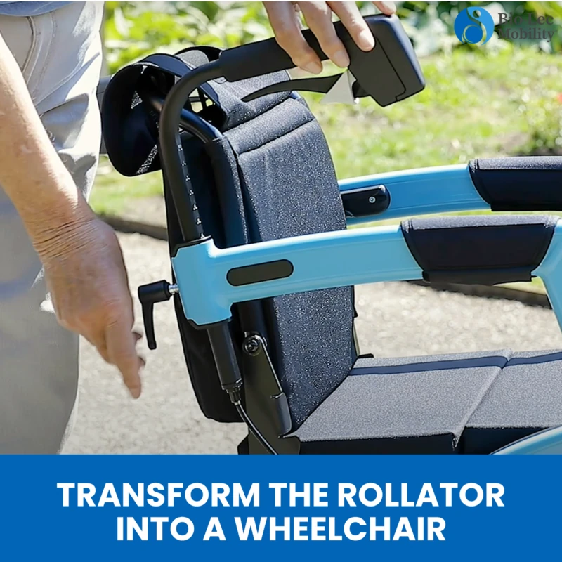Person adjusting a Rollz Motion 2.1 rollator wheelchair in a garden setting.