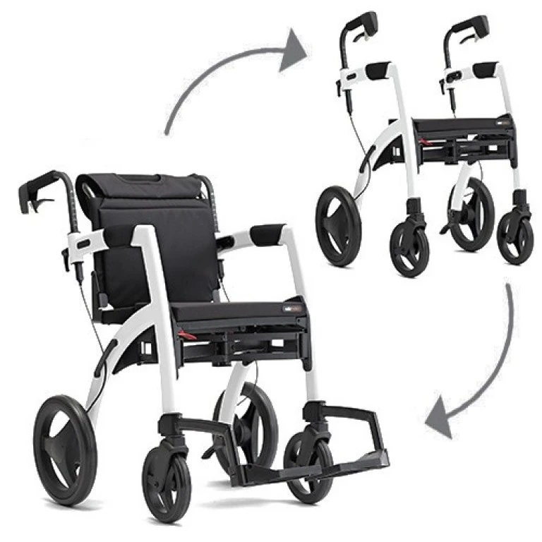 Rollz Motion 2.1 shown as rollator and wheelchair.