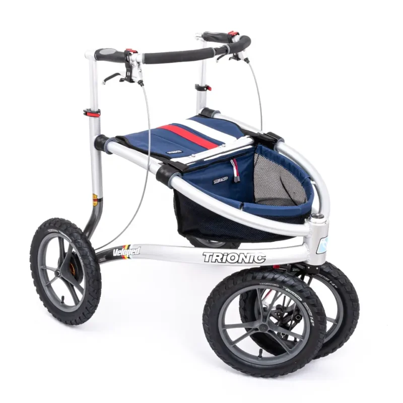 Trionic Veloped Sport 14er rollator with large wheels and blue storage bag.
