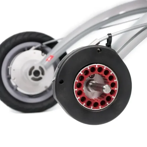 Close-up of Trionic Walker 9er wheel and brake mechanism.