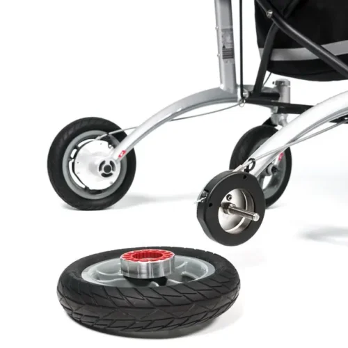Close-up of Trionic Walker 9er wheel and frame with detached wheel.