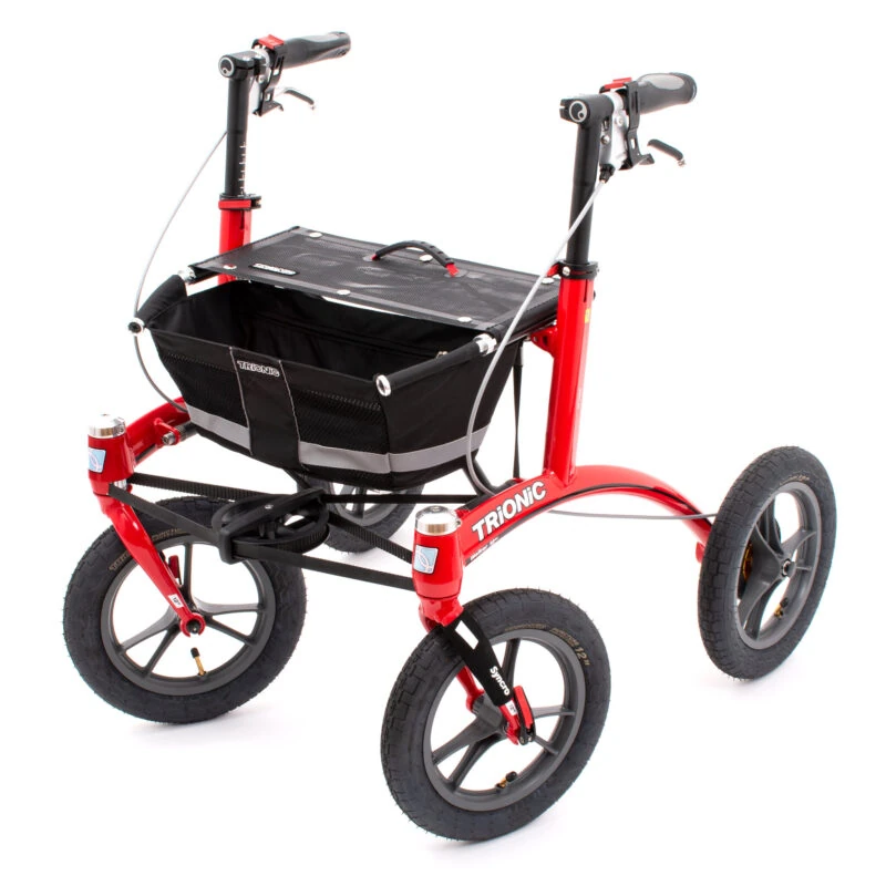 Red Trionic Walker Rollator 12er with black basket and large wheels.