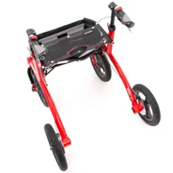 Top view of a red Trionic Walker Rollator 12er with black seat.