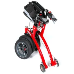 Folded red Trionic Walker Rollator with black wheels and basket.