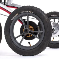 Close-up of Trionic Walker Rollator 12-inch wheel with puncture protection.