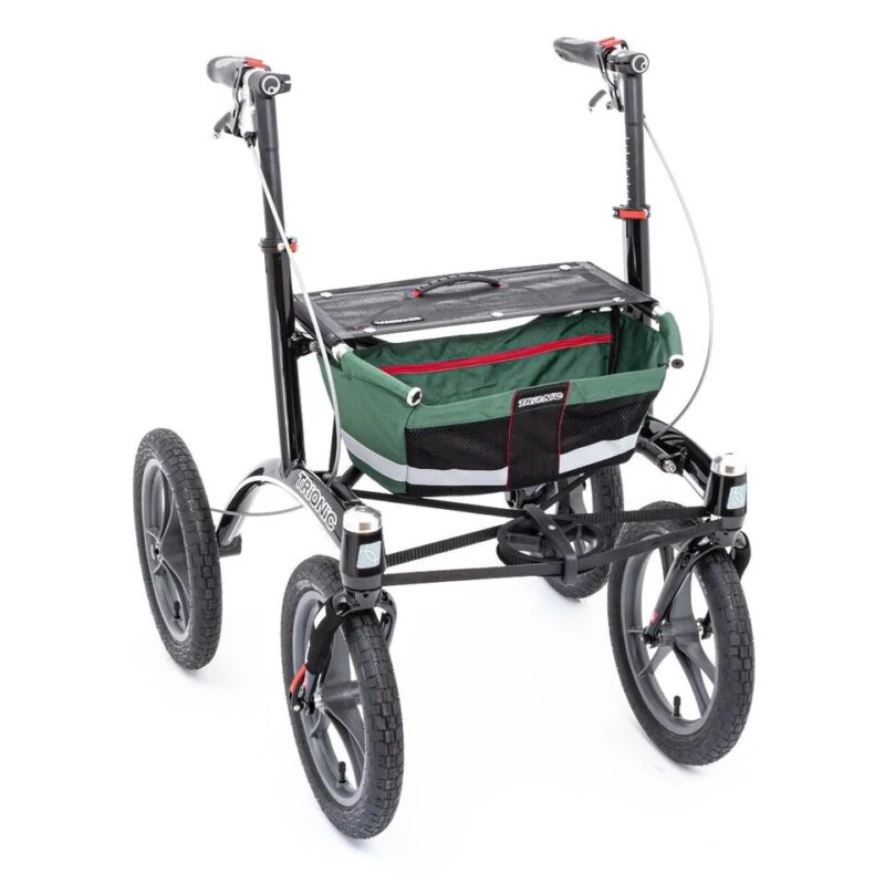 Trionic 14er Rollator Walker with green basket and large wheels.