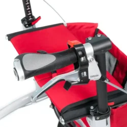 Close-up of Trionic Walker 9er handle and brake lever with red seat.