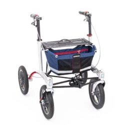 Trionic Walker Rollator with large wheels and attached blue basket.