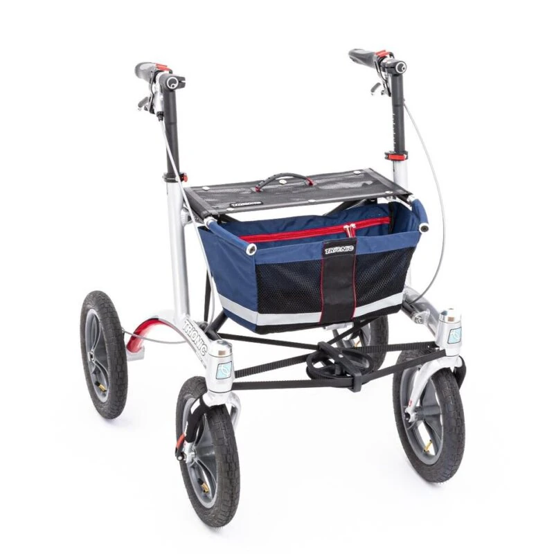 Trionic Walker Rollator with large wheels and attached blue basket.