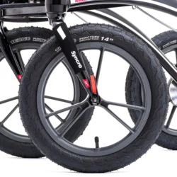 Close-up of 14-inch wheels on Trionic 14er Rollator Walker.