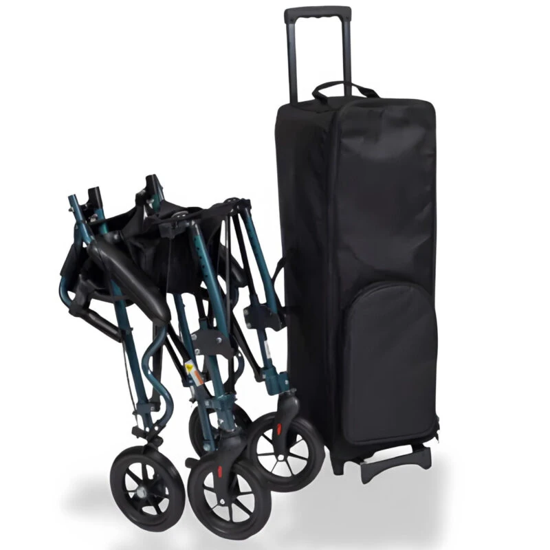 Folded lightweight wheelchair next to a black carry bag with wheels.