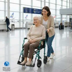 Woman pushing an elderly person in a lightweight transit wheelchair at an airport.