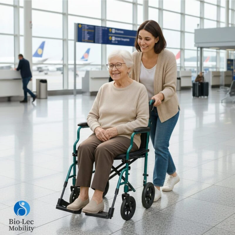 Woman pushing an elderly person in a lightweight transit wheelchair at an airport.