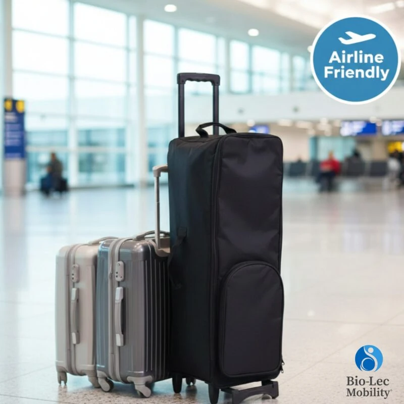 Black carry bag with wheels next to suitcases in an airport.