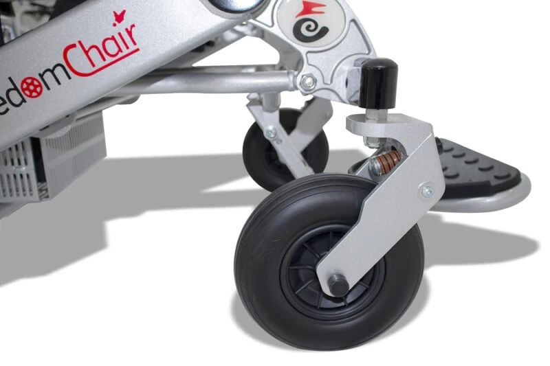 Close-up of Freedom Chair DE08L front wheel and frame.