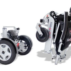Folded electric wheelchair frame and detached wheel of Freedom Chair DE08L.