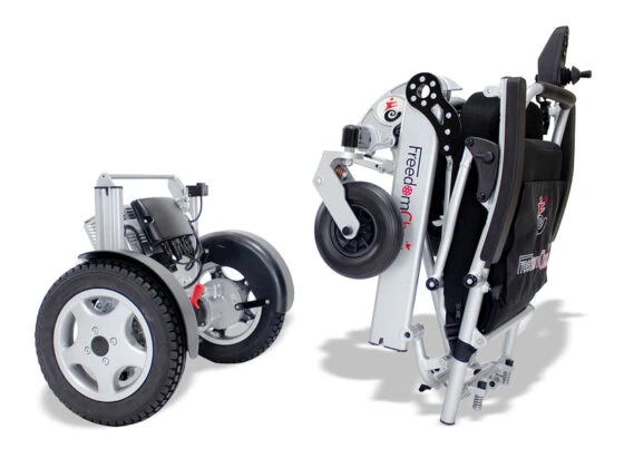 Folded electric wheelchair frame and detached wheel of Freedom Chair DE08L.