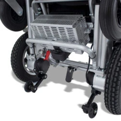 Close-up of the folded Freedom Chair DE08L showing wheels and frame.