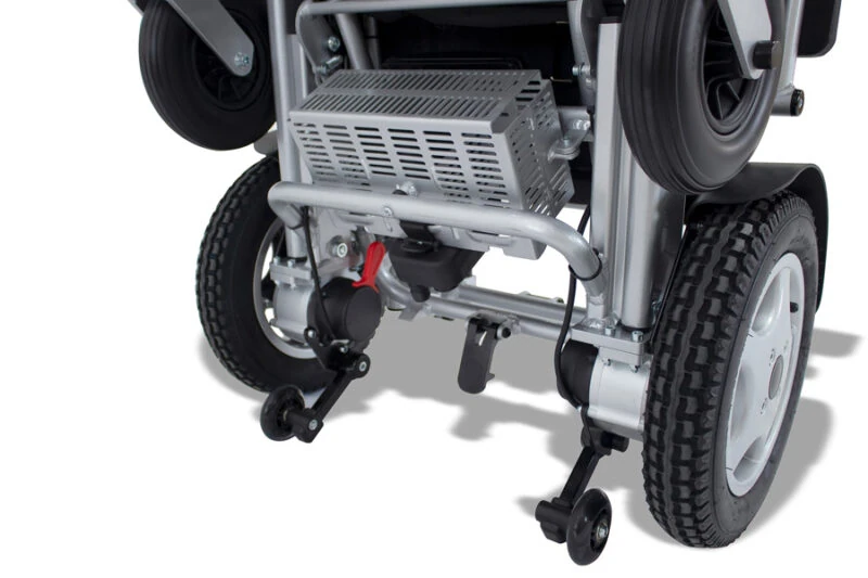 Close-up of the folded Freedom Chair DE08L showing wheels and frame.