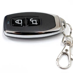 Smart remote control with two buttons and a keychain clip.