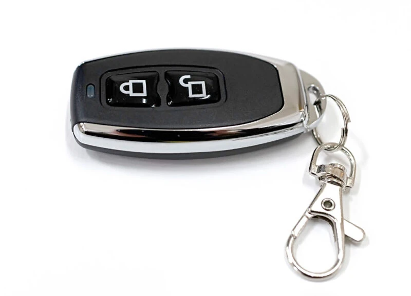 Smart remote control with two buttons and a keychain clip.