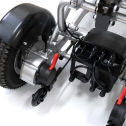 Close-up of the rear wheel and motor assembly of the Freedom Scooter S1.