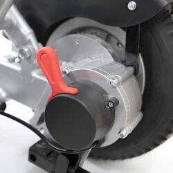 Close-up of the rear wheel and motor on the Freedom Scooter S1.