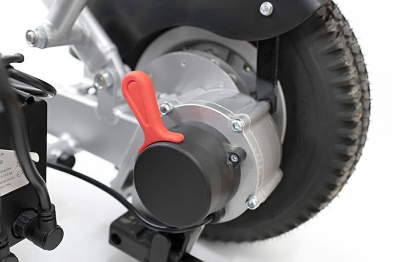 Close-up of the rear wheel and motor on the Freedom Scooter S1.