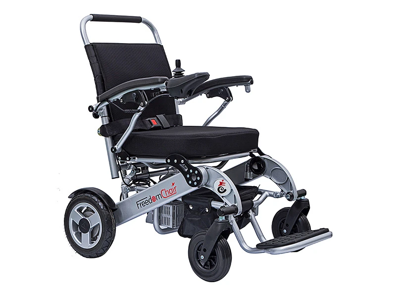 Freedom Chair A08 electric wheelchair with black seat and silver frame.