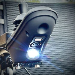 Close-up of joystick with USB port and LED light on Freedom Chair DE08L.