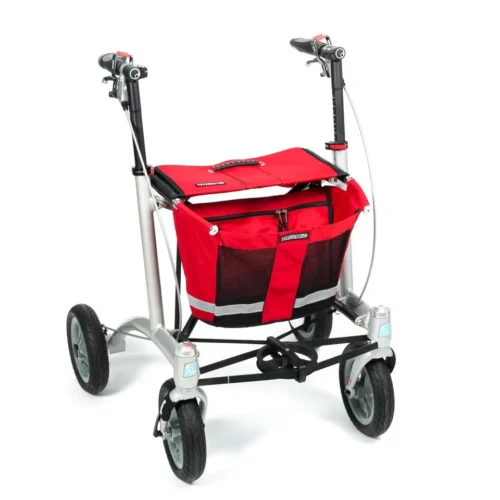 Red Trionic Walker 9er with a storage bag and large wheels.