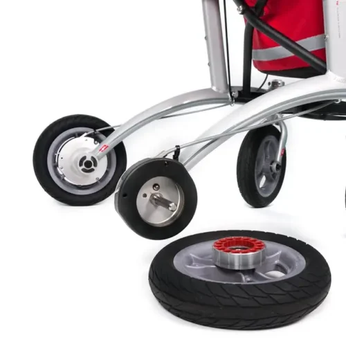 Close-up of Trionic Walker 9er wheels and frame with a detached wheel.