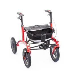 Red Trionic Walker Rollator with black basket and large wheels.