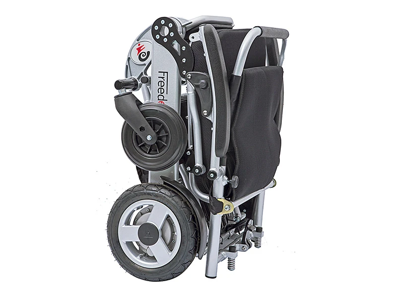 Folded Freedom Chair A08 electric wheelchair showing compact design.