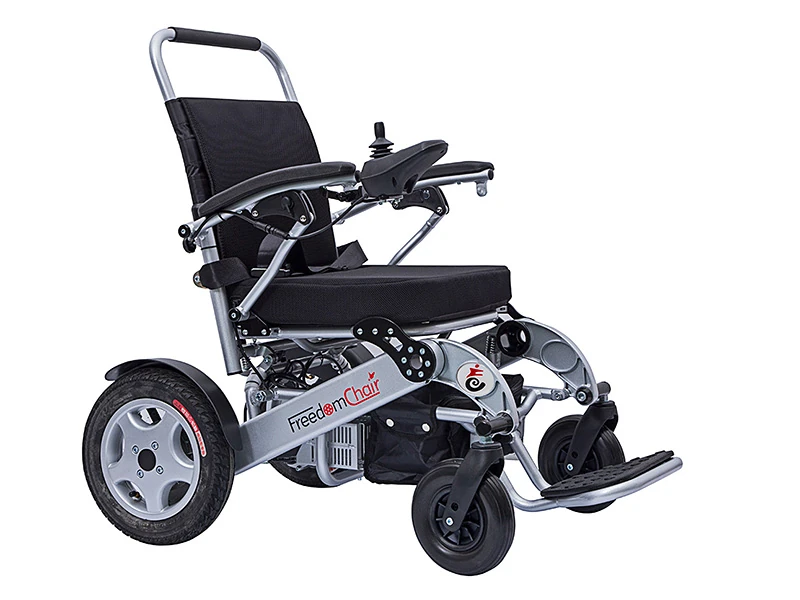 Freedom Chair A08L electric wheelchair with black seat and silver frame.