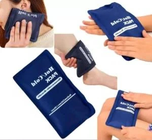 Multiple views of a reusable ice gel pack being applied to different body parts.