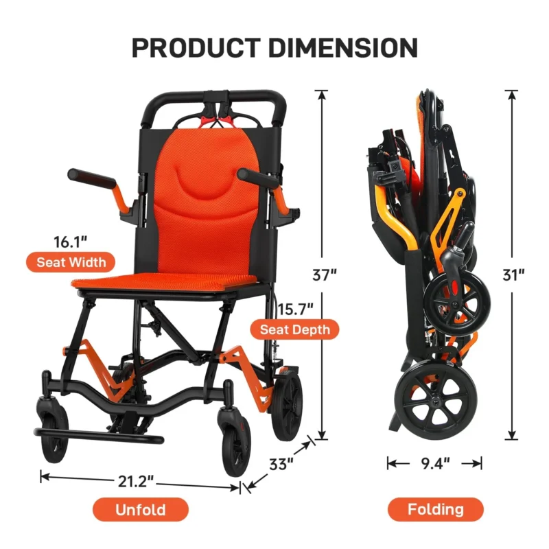 Folding travel wheelchair shown unfolded and folded with dimensions.