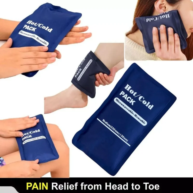 Blue gel packs labeled 'Hot/Cold PACK' applied to different body parts.