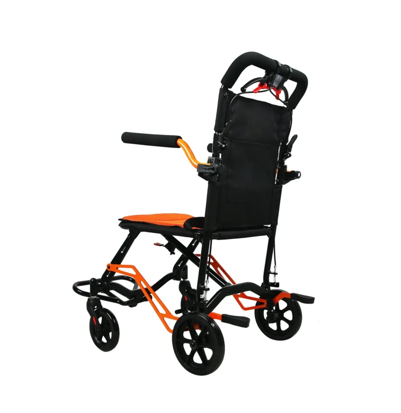 Back view of a lightweight folding travel wheelchair with orange frame.