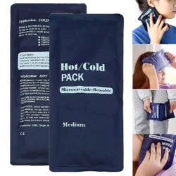 Two medium-sized hot/cold gel packs with instructions, used on face and abdomen.