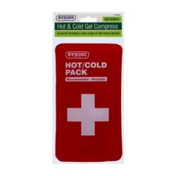 Red hot/cold gel pack with a white cross and visible packaging.