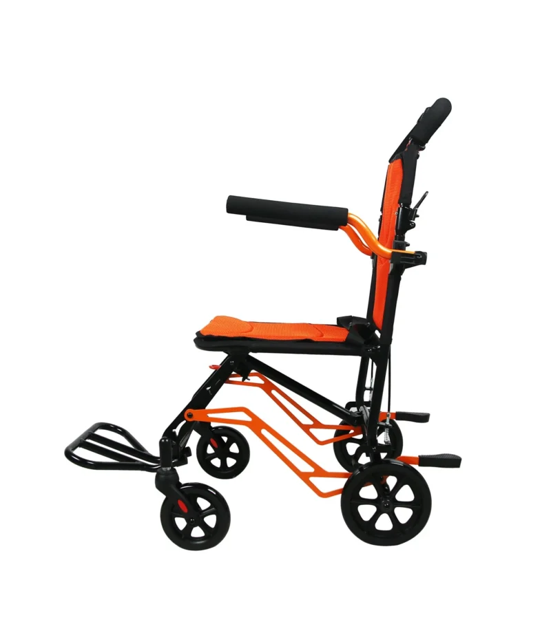 Side view of an orange and black folding travel wheelchair.