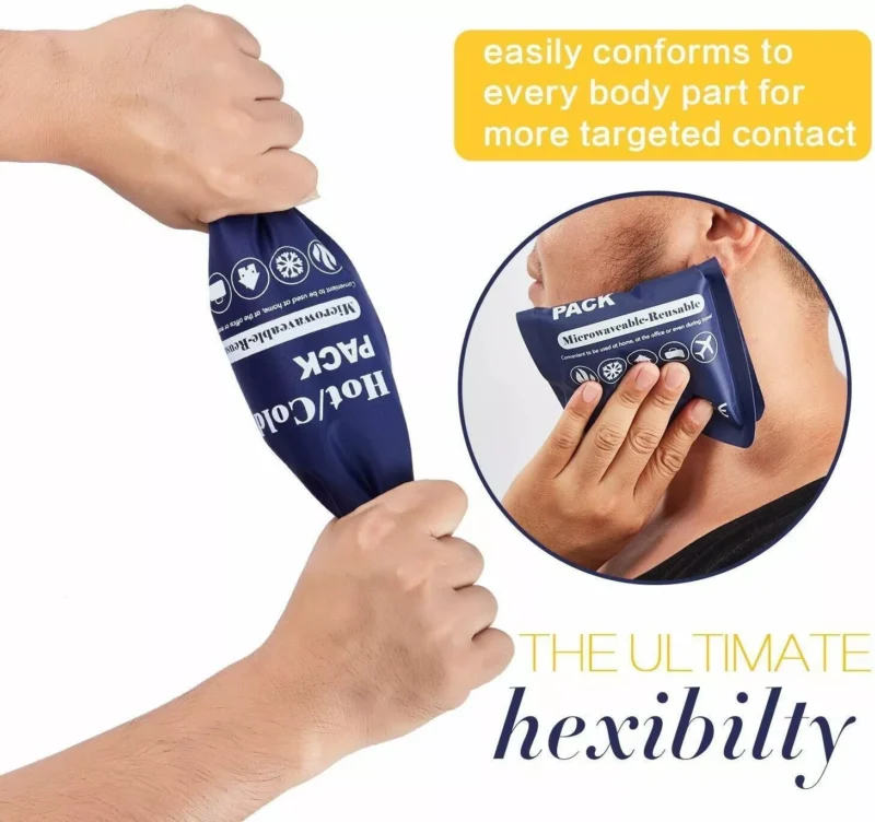 Person holding and applying a reusable ice gel pack to the neck.