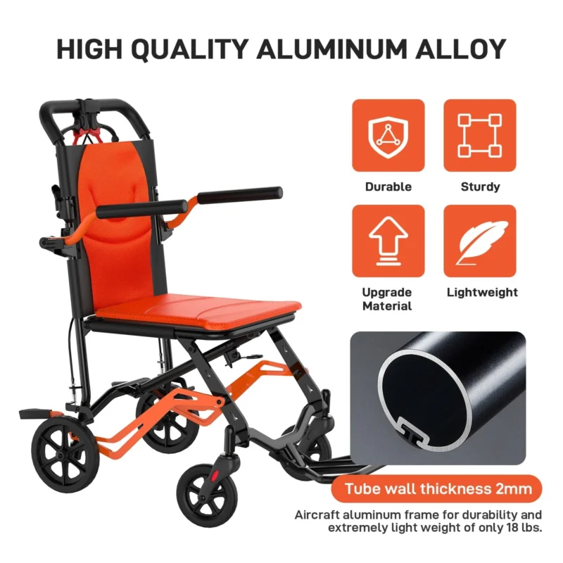 Orange and black lightweight folding wheelchair with aluminum frame.