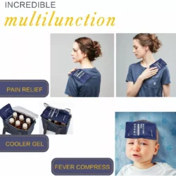 People using a reusable ice gel pack on shoulder and forehead.
