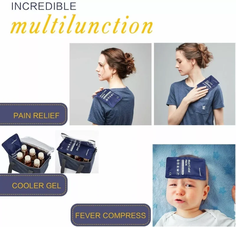 People using a reusable ice gel pack on shoulder and forehead.