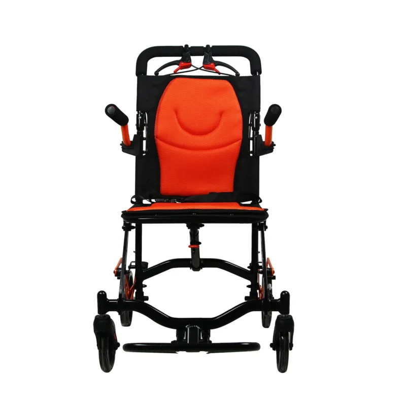 Front view of an orange and black folding travel wheelchair.