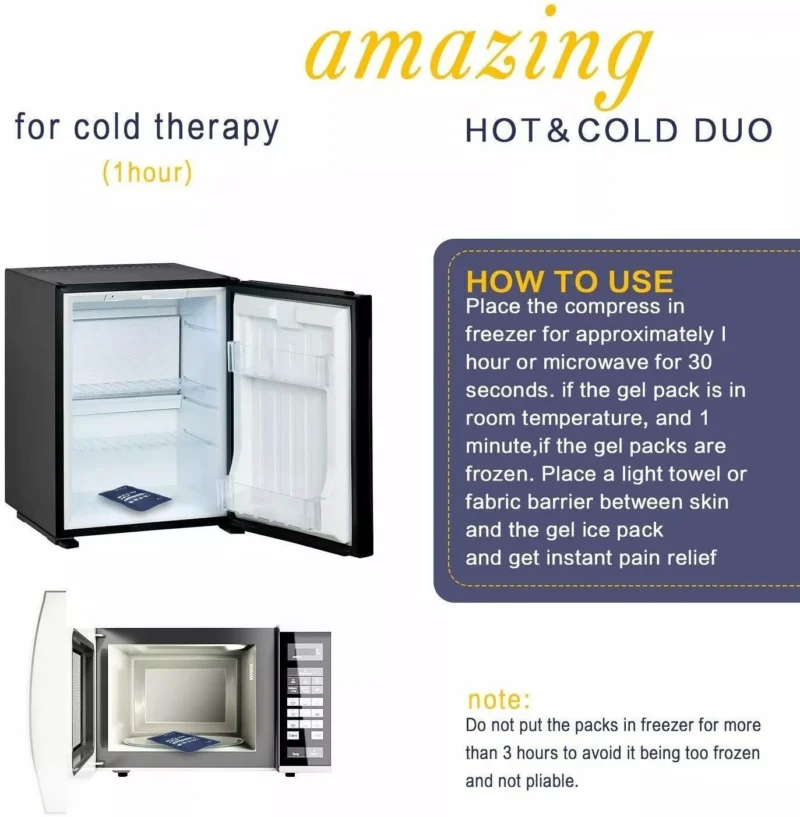 Instructions for using a reusable ice gel pack with images of a freezer and microwave.